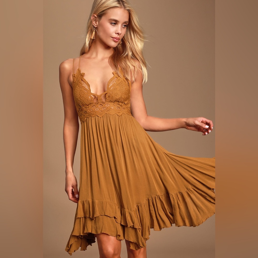 Free People Mustard Lace-Trim Midi Dress